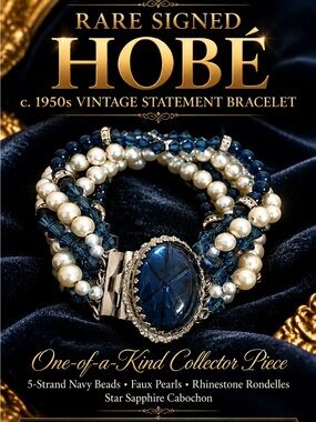 Rare Signed HOBÉ c. 1950s Vintage 5-Strand Navy Bead & Faux Pearl Statement Brac